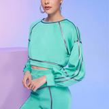 Fashion  Lantern Sleeve Contrast Piping Crop Pullover Polyester Comfort Colors Sweatshirt Pullover Women Crop Tops Sweat Shirts