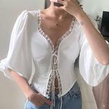 fashion women lace bandage blouse long sleeve v-neck tight waist sexy white shirts