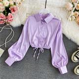 Crop Tops For Women Blouse Polo Shirts Satin Long Sleeve Blusas Female Shirt Sexy Drawstring Tee Women's Blouses