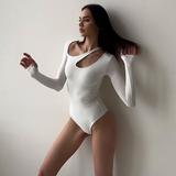 2022 Fashion Females hollow-out One-piece long sleeve Jumpsuit Romper Sexy Fitting plain Bodysuit