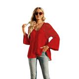 Women's long sleeve plain V pullover hotsale blouse summer chiffon blouse shirt