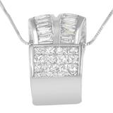 14K White Gold 1 5/8 cttw Princess and Baguette Cut Diamond Heart Ribbon Pendant Necklace (G-H, VS1-VS2)